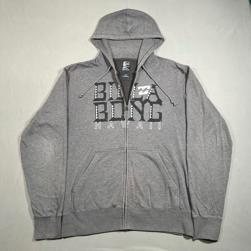 Billabong Hawaii Mens XL Gray Full Zip Hoodie Graphic Sweatshirt Surf Skater